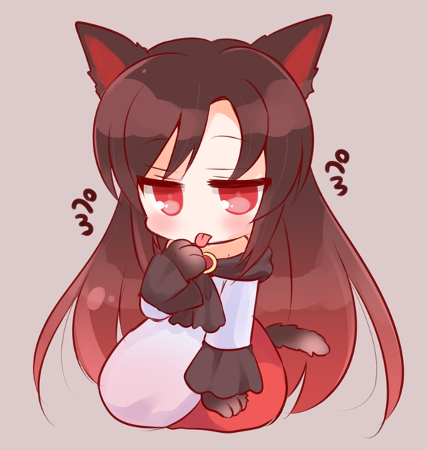 animal_ears bare_shoulders blush brown_hair chibi dress fur imaizumi_kagerou jewelry licking licking_hand long_hair marshmallow_mille red_eyes sitting solo tail tongue tongue_out touhou very_long_hair wolf wolf_ears wolf_tail