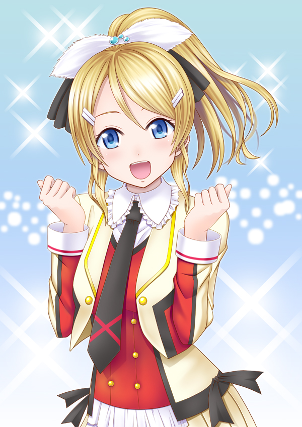 ayase_eli blonde_hair blue_eyes breasts guttyod hair_ornament hairclip long_hair love_live! love_live!_school_idol_project medium_breasts necktie open_mouth ponytail smile solo sore_wa_bokutachi_no_kiseki