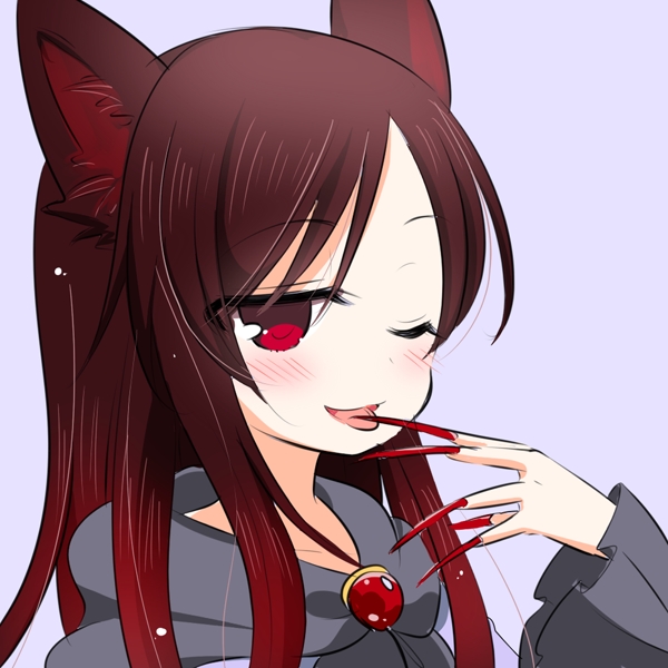 animal_ears blush brown_hair dress fingernails imaizumi_kagerou jewelry long_fingernails long_hair looking_at_viewer marshmallow_mille one_eye_closed open_mouth red_eyes smile solo tongue tongue_out touhou wolf_ears