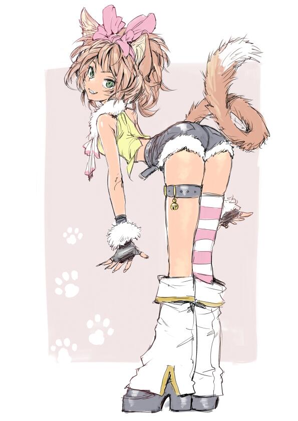 animal_ears ass bell bent_over blonde_hair boots bow cat_ears cat_tail denim denim_shorts fang fingerless_gloves gloves green_eyes grin hair_bow jingle_bell jpeg_artifacts looking_at_viewer looking_back matsuda_(matsukichi) original shorts single_thighhigh smile solo striped striped_legwear tail thigh_strap thighhighs