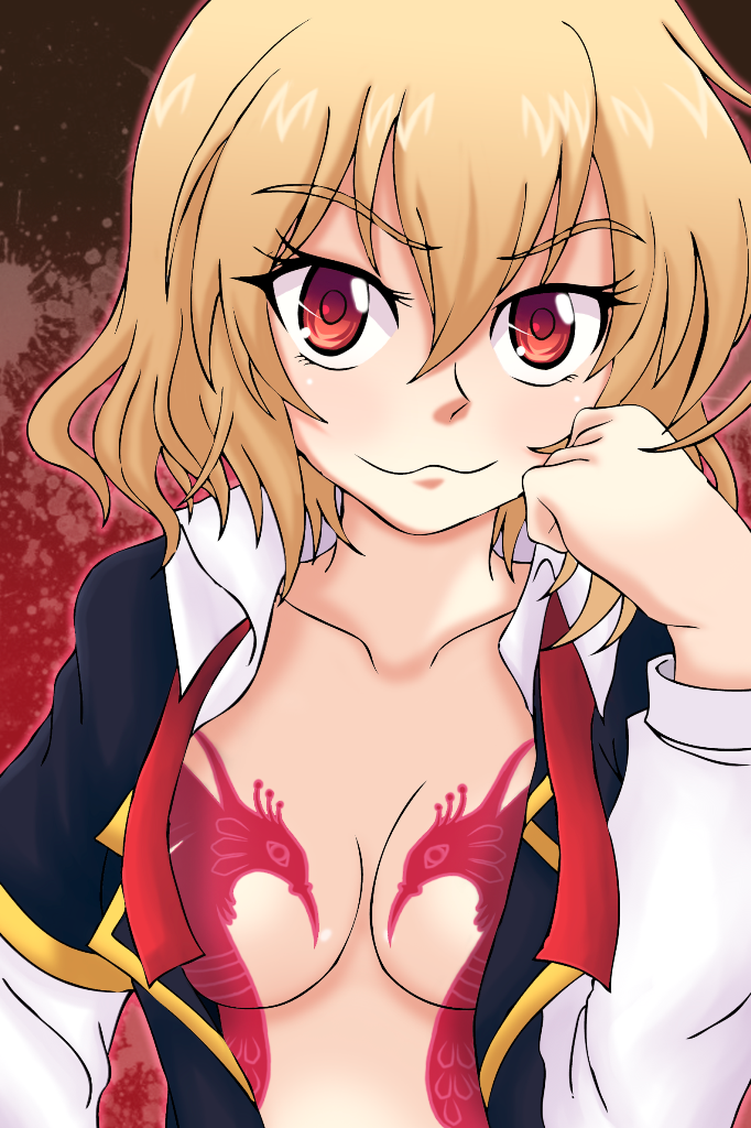 akuma_no_riddle blonde_hair breasts censored convenient_censoring hashiri_nio necktie open_clothes red_eyes school_uniform short_hair small_breasts smile solo spoilers tattoo undone_necktie ximsol182