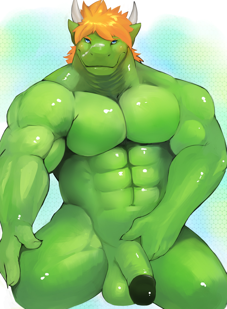 anthro balls biceps big_muscles big_penis blonde_hair blue_eyes cum cum_on_face flaccid green_penis green_skin grin hair horn iceman1984 lizard looking_at_viewer male muscles nude pecs penis pose presenting reptile rouken scales scalie smile solo toned