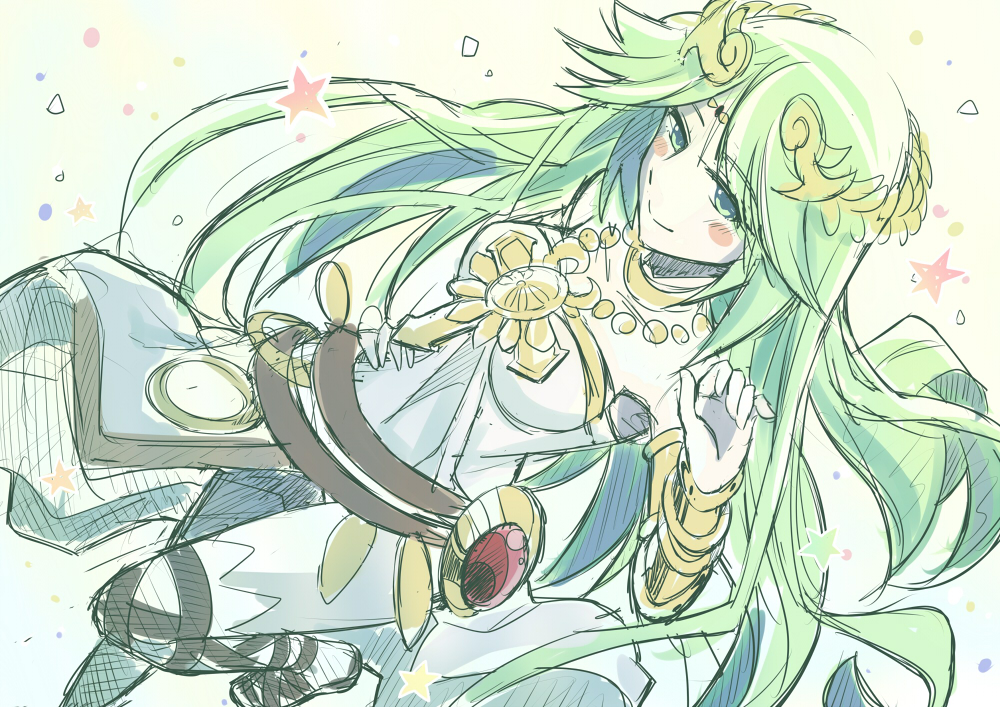 butano_(star-dust_boxxx) green_eyes green_hair jewelry kid_icarus kid_icarus_uprising long_hair necklace palutena sketch smile solo tiara very_long_hair