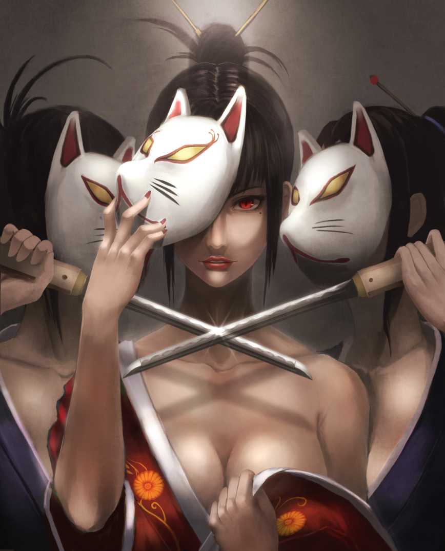 bad_id bad_pixiv_id banned_artist bare_shoulders black_hair breasts cleavage fox_mask japanese_clothes kimono lips mask medium_breasts multiple_girls original red_eyes sword weapon yazuwo