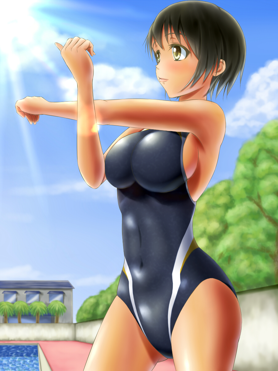 black_hair competition_swimsuit cowboy_shot highres one-piece_swimsuit original short_hair solo stretch swimsuit tama_(tamakaka1031) yellow_eyes