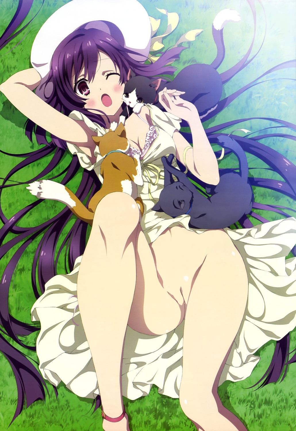 1girl ;o arm_up armpits blush bra breasts cat cleavage dress female grass hat iida_eriko knee_up legs long_hair lying megami no_panties nude_filter on_back one_eye_closed open_mouth photoshop purple_eyes purple_hair pussy shoes solo thighs tokyo_ravens tsuchimikado_natsume uncensored underwear very_long_hair