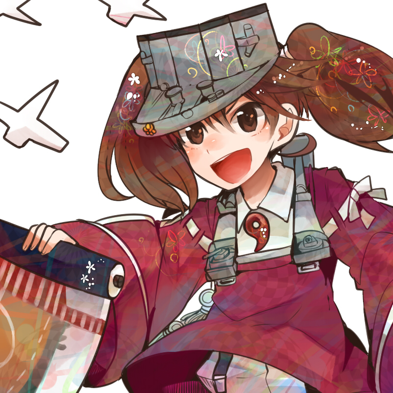 brown_eyes brown_hair hat holding itomugi-kun japanese_clothes kantai_collection long_hair magatama open_mouth ryuujou_(kantai_collection) scroll simple_background smile solo suspenders turret twintails visor_cap white_background
