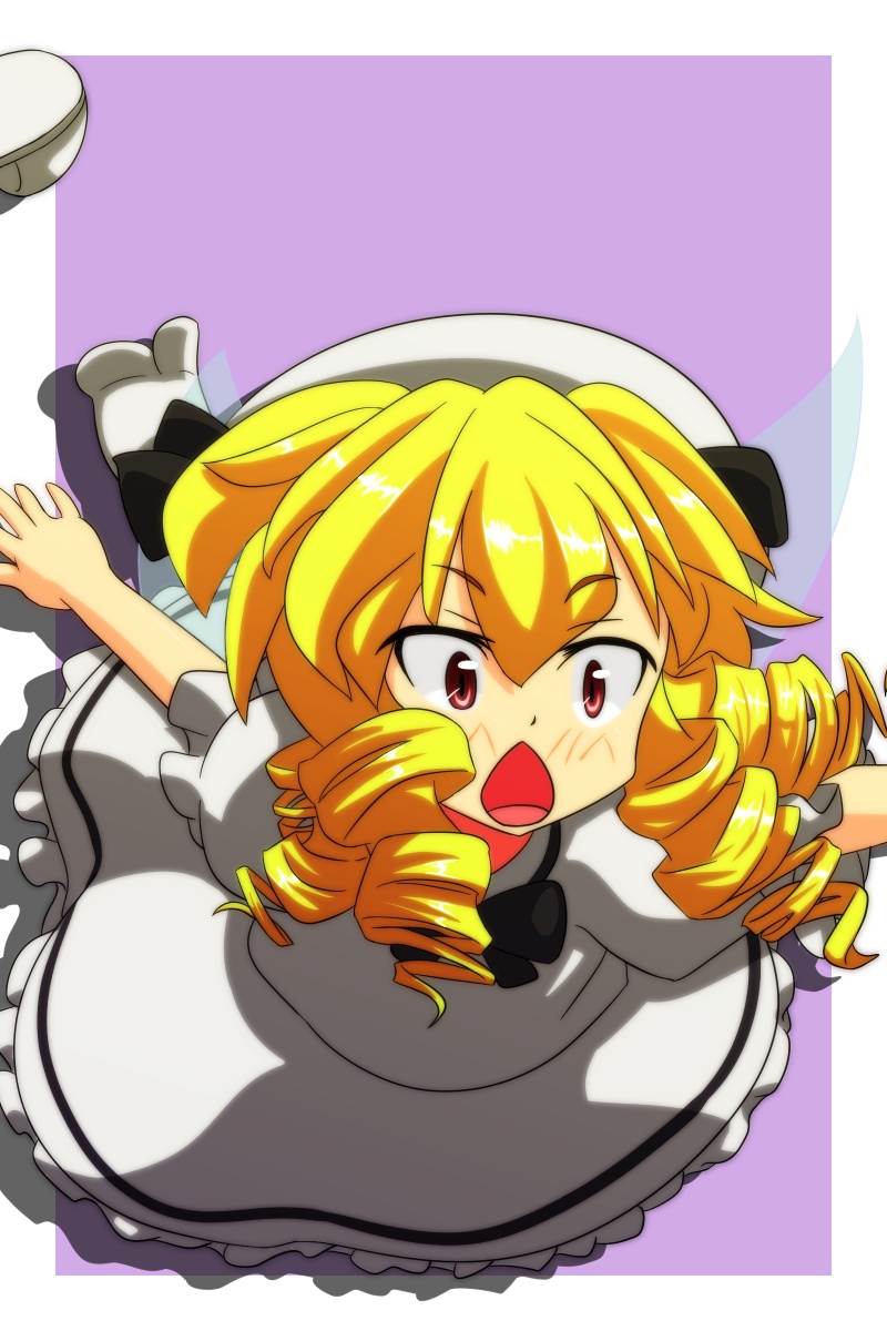 blonde_hair blush bow cato_(monocatienus) chestnut_mouth dress drill_hair fairy_wings falling frilled_dress frills hair_bow hat highres luna_child open_mouth puffy_short_sleeves puffy_sleeves red_eyes shoes_removed short_sleeves socks solo touhou white_dress wings