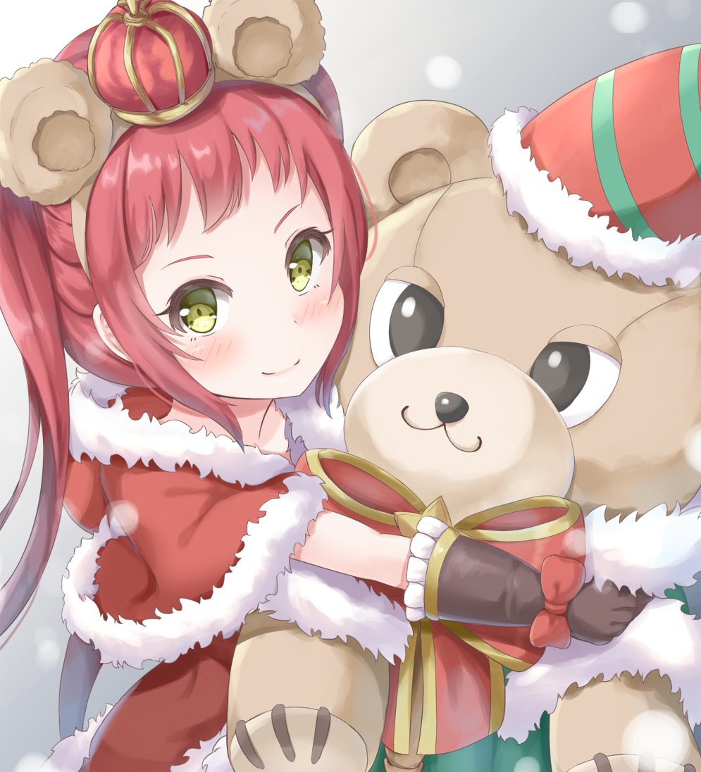 1girl animal_ears bangs bear_ears blush bow brown_gloves brown_hairband capelet christmas closed_mouth commentary_request crown dress fake_animal_ears fur-trimmed_capelet fur-trimmed_dress fur_trim gloves green_eyes hairband houjou_ayane keiran_(ryo170) looking_at_viewer mini_crown object_hug princess_connect! princess_connect!_re:dive red_bow red_capelet red_dress red_hair revision santa_costume sidelocks smile solo stuffed_animal stuffed_toy teddy_bear twintails