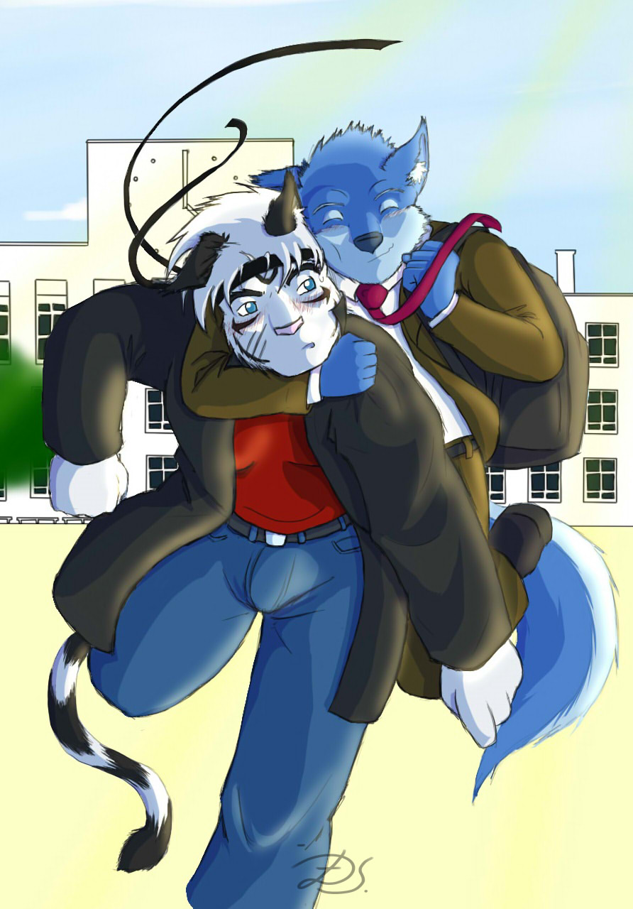 and away backpack blue_fur canine clothing cuddling cute dragonslash eyes_closed faces falling feline fur gay hair happy hug huggles invalid_color invalid_tag jacket jeans ketikoo leo leo_(dragonslash) male mammal necktie pounce pretty running school shirt sibling skys sunshine surprise tackled tiger white_hair wolf