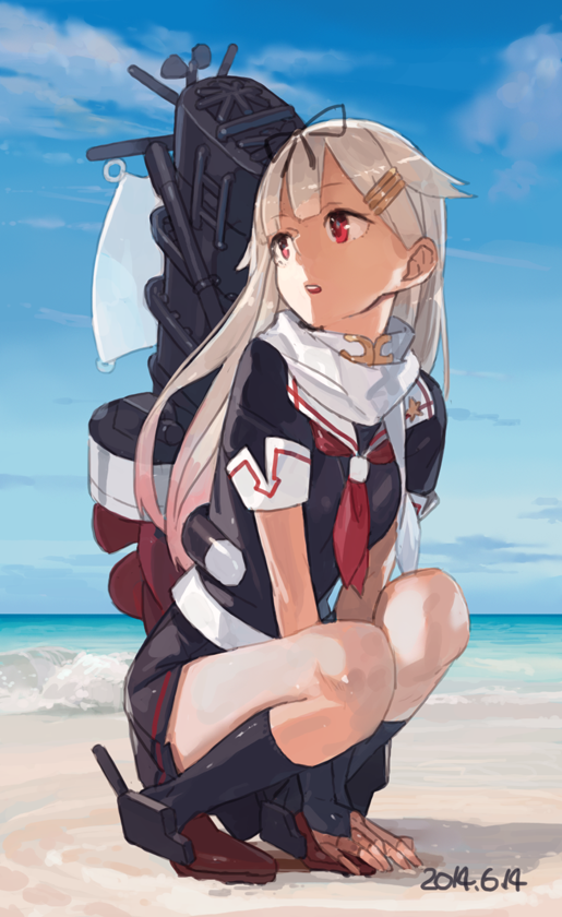 beach black_legwear blush cloud commentary dated day gloves hair_flaps kantai_collection long_hair ocean open_mouth outdoors red_eyes remodel_(kantai_collection) school_uniform serafuku shiny shiny_hair silver_hair skirt sky solo squatting swimsuit thighhighs toro_(konirio) yuudachi_(kantai_collection)