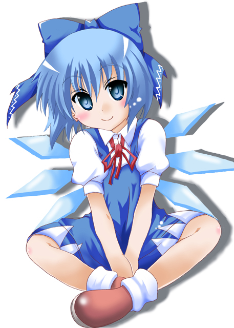 blue_eyes blue_hair blush bow cirno hair_bow ice ice_wings indian_style short_hair sitting solo touhou train_90 white_background wings