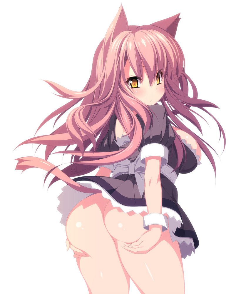 :&lt; animal_ears ass breasts cat_ears cat_tail deep_skin from_behind hair_between_eyes kinoshita_ichi large_breasts long_hair looking_at_viewer looking_back no_panties original pink_hair shiny shiny_skin sideboob simple_background solo tail thick_thighs thighs white_background wrist_cuffs yellow_eyes