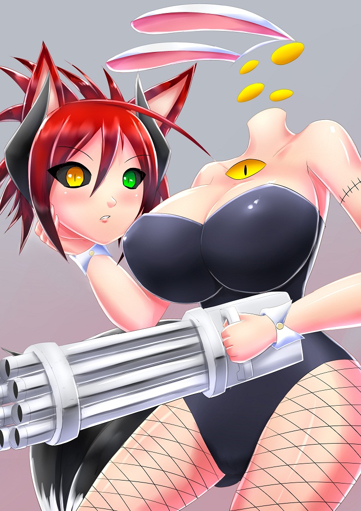 animal_ears bare_shoulders black_sclera breasts bunny_ears cat_ears disembodied_head dullahan fake_animal_ears fishnet_pantyhose fishnets green_eyes gun heterochromia holding_head horns kittysuit large_breasts leotard machine_gun monster_girl original pantyhose red_hair short_hair solo spiked_hair stitches tail third_eye weapon wrist_cuffs xano yellow_eyes
