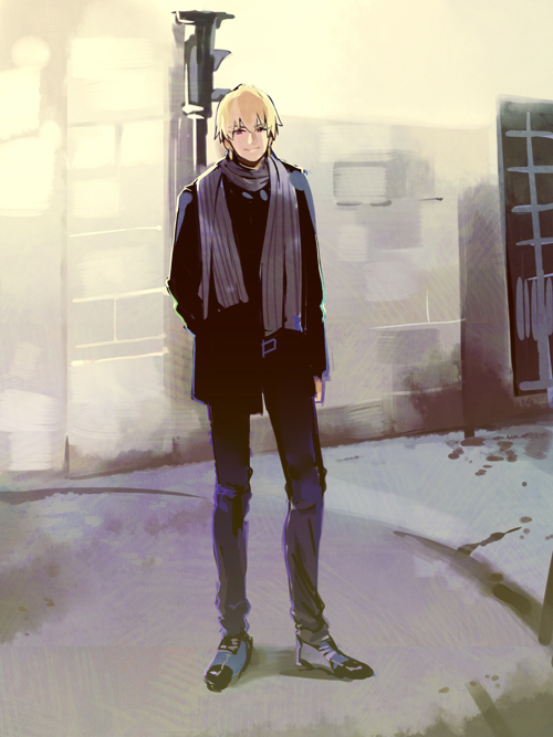 blonde_hair casual coat fate/stay_night fate_(series) gilgamesh male_focus momoayamo red_eyes scarf solo