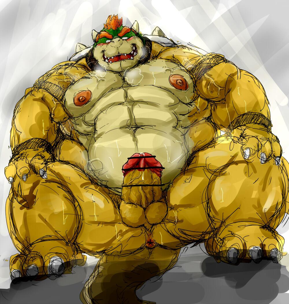 anthro anus balls belly biceps big_balls big_muscles big_penis blush bowser butt chubby claws collar erection hair horn humanoid_penis koopa kotobuki lizard male mario_bros musclegut muscles nintendo nipples nude open_mouth overweight panting pecs penis red_eyebrows red_hair reptile scalie shell solo spikes sweat teeth tongue turtle vein video_games