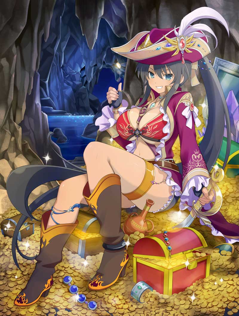 boots bra breasts brown_hair chest coin dark_skin female fingerless_gloves gloves gold hat homura_(senran_kagura) jewelry large_breasts long_hair looking_at_viewer lots_of_jewelry necklace official_art pirate sea senran_kagura sitting smile solo sword treasure water weapon