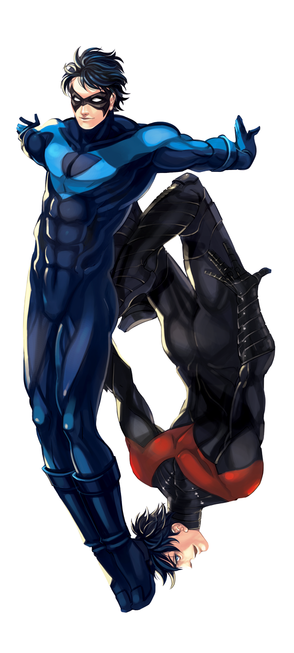 1boy 2boys abs batman_(series) black_hair blue_eyes bodysuit boots dc_comics dick_grayson domino_mask dual_persona gauntlets gloves male_focus mask multiple_boys multiple_persona nightwing transparent_background upside-down