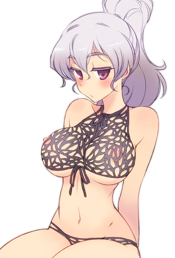 bad_id bad_twitter_id bare_shoulders bikini blush breasts front-tie_top hair_between_eyes kusanagi_tonbo large_breasts long_hair navel nipples original ponytail purple_eyes revealing_clothes silver_hair simple_background sitting solo swimsuit white_background