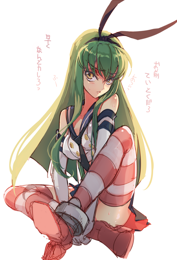 blush breasts c.c. code_geass cosplay creayus elbow_gloves gloves green_hair hairband kantai_collection long_hair looking_at_viewer medium_breasts shimakaze_(kantai_collection) shimakaze_(kantai_collection)_(cosplay) sketch skirt solo striped striped_legwear thighhighs translation_request white_gloves yellow_eyes