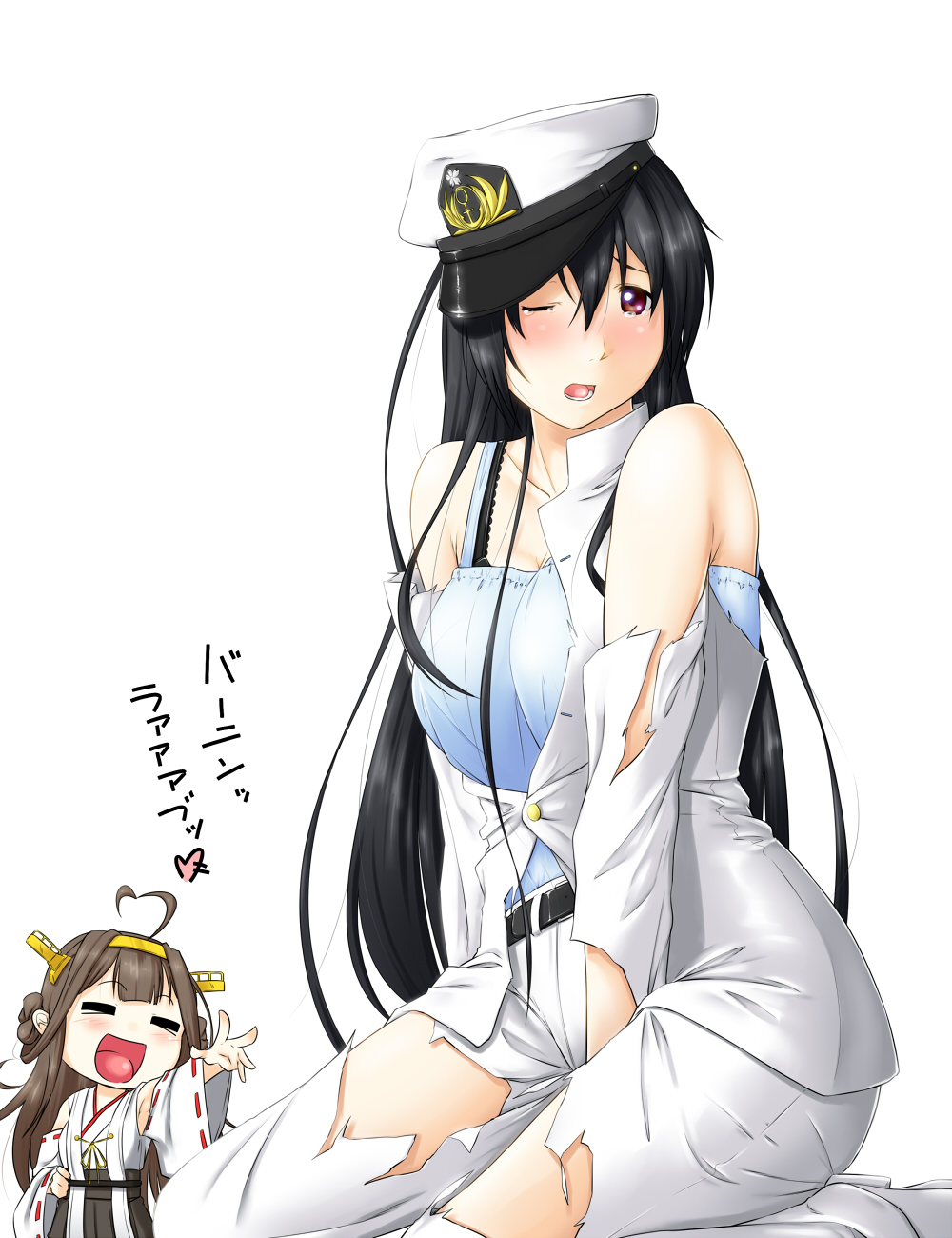 :d ahoge belt between_legs black_hair blush breasts brown_eyes brown_hair burning_love_(phrase) camisole collarbone detached_sleeves female_admiral_(kantai_collection) hair_bun hairband hand_between_legs hand_on_hip hat headgear heart heart_ahoge highres kantai_collection kongou_(kantai_collection) large_breasts long_hair multiple_girls niwatazumi nontraditional_miko one_eye_closed open_mouth pose ribbon-trimmed_sleeves ribbon_trim seiza sitting smile tatebayashi_sakurako tears torn_clothes translated very_long_hair white_background