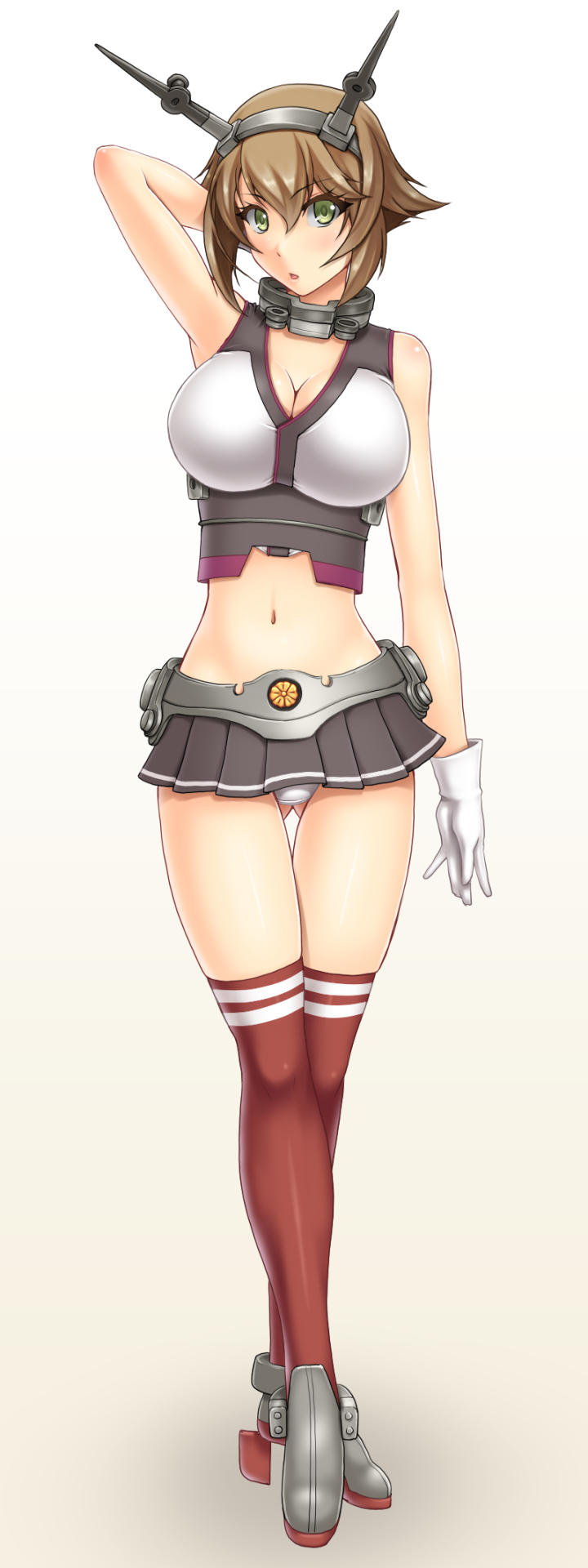 abu arm_behind_head breasts brown_hair cleavage gloves green_eyes headgear highres kantai_collection large_breasts looking_at_viewer midriff miniskirt mutsu_(kantai_collection) navel panties red_legwear short_hair skirt solo thighhighs underwear white_gloves white_panties