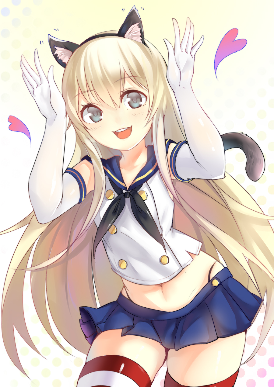 animal_ears blonde_hair blush cat_ears cat_tail elbow_gloves gloves heart highres kantai_collection long_hair looking_at_viewer navel open_mouth school_uniform serafuku shimakaze_(kantai_collection) smile solo striped striped_legwear sunege_(hp0715) tail thighhighs white_gloves