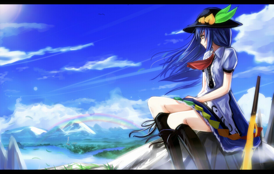 blue_hair blue_sky boots cloud day food fruit grass hat hinanawi_tenshi knee_boots lake letterboxed long_hair looking_afar mountain nakaichi_(ridil) outdoors peach planted_sword planted_weapon puffy_sleeves rainbow river shirt sitting skirt sky smile solo sword sword_of_hisou touhou weapon wind