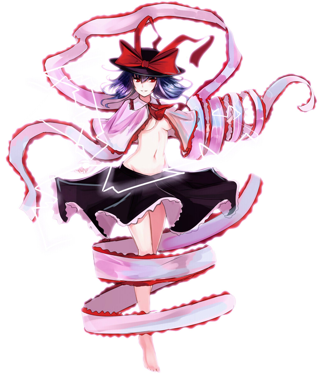 arm_ribbon barefoot blue_hair bow breasts capelet full_body hat hat_bow highres large_breasts leg_ribbon nagae_iku nakaichi_(ridil) navel no_bra no_shirt outstretched_arm red_eyes ribbon shawl simple_background skirt solo touhou underboob white_background