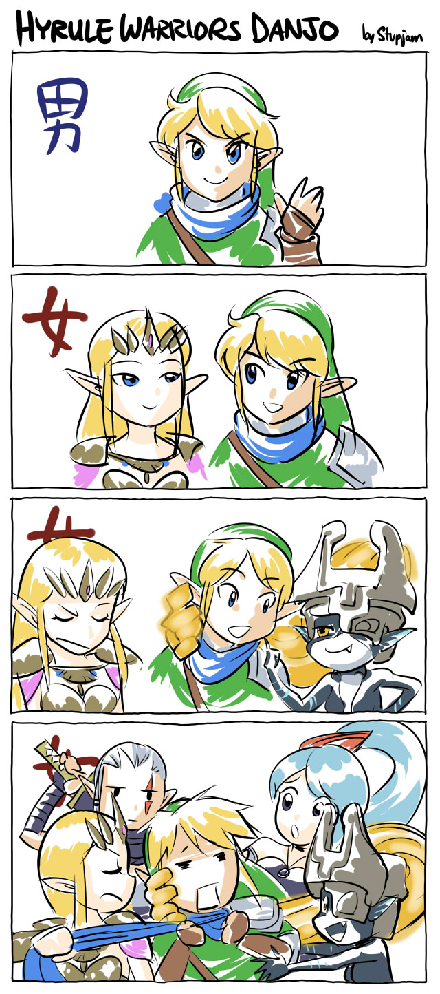 4girls 4koma blonde_hair blue_eyes blue_hair comic gloves grey_hair hat helmet highres impa lana_(zelda_musou) link long_hair midna multiple_girls pointy_ears ponytail princess_zelda red_eyes scarf smile stup-jam the_legend_of_zelda the_legend_of_zelda:_twilight_princess translated zelda_musou