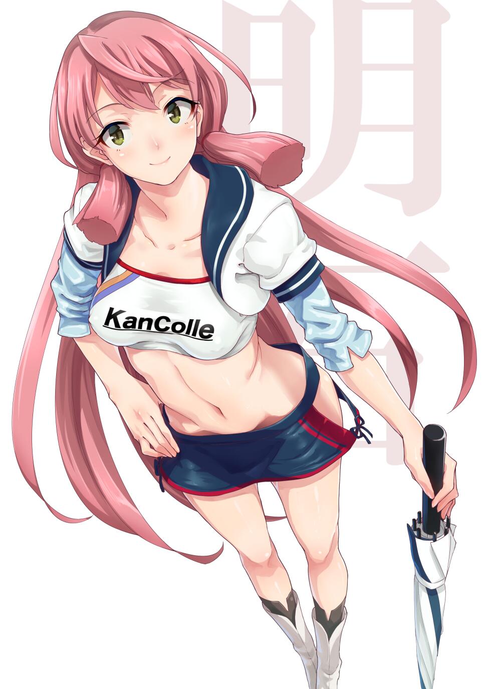akashi_(kantai_collection) aya_shachou black_legwear boots breasts closed_umbrella clothes_writing covered_nipples cropped_jacket foreshortening from_above full_body green_eyes hand_on_hip highres kantai_collection long_hair medium_breasts midriff miniskirt navel pink_hair race_queen simple_background skirt smile socks solo strapless tubetop umbrella very_long_hair white_background