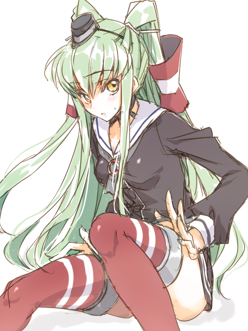 amatsukaze_(kantai_collection) amatsukaze_(kantai_collection)_(cosplay) black_panties blush breasts c.c. code_geass cosplay creayus dress green_hair kantai_collection long_hair looking_at_viewer panties sailor_dress short_dress simple_background sketch small_breasts solo striped striped_legwear thighhighs two_side_up underwear white_background yellow_eyes