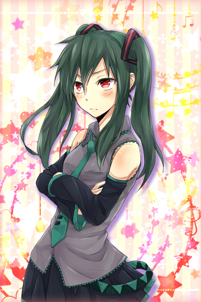 :/ bad_id bad_pixiv_id bare_shoulders beamed_eighth_notes blush cosplay crossed_arms eighth_note green_hair hair_ornament hatsune_miku hatsune_miku_(cosplay) heart kagerou_project kido_tsubomi long_hair musical_note necktie pleated_skirt red_eyes skirt solo star starry_background tomozero treble_clef twintails vocaloid