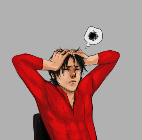 1boy batman_(series) black_hair chair dc_comics eyes_closed frustrated grey_background hands_on_head long_sleeves lowres male male_focus red_robin red_shirt shirt simple_background sitting solo thought_bubble tim_drake