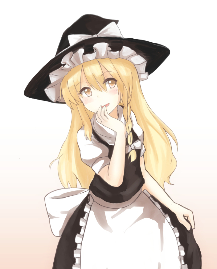 :d apron bad_id bad_pixiv_id black_dress blonde_hair bow braid dress gradient gradient_background hair_bow hand_to_own_mouth hat hat_bow kei_(zenryokutokkyu) kirisame_marisa large_bow long_hair looking_up open_mouth puffy_short_sleeves puffy_sleeves sash short_sleeves single_braid skirt_hold smile solo touhou turtleneck waist_apron white_bow witch witch_hat yellow_eyes