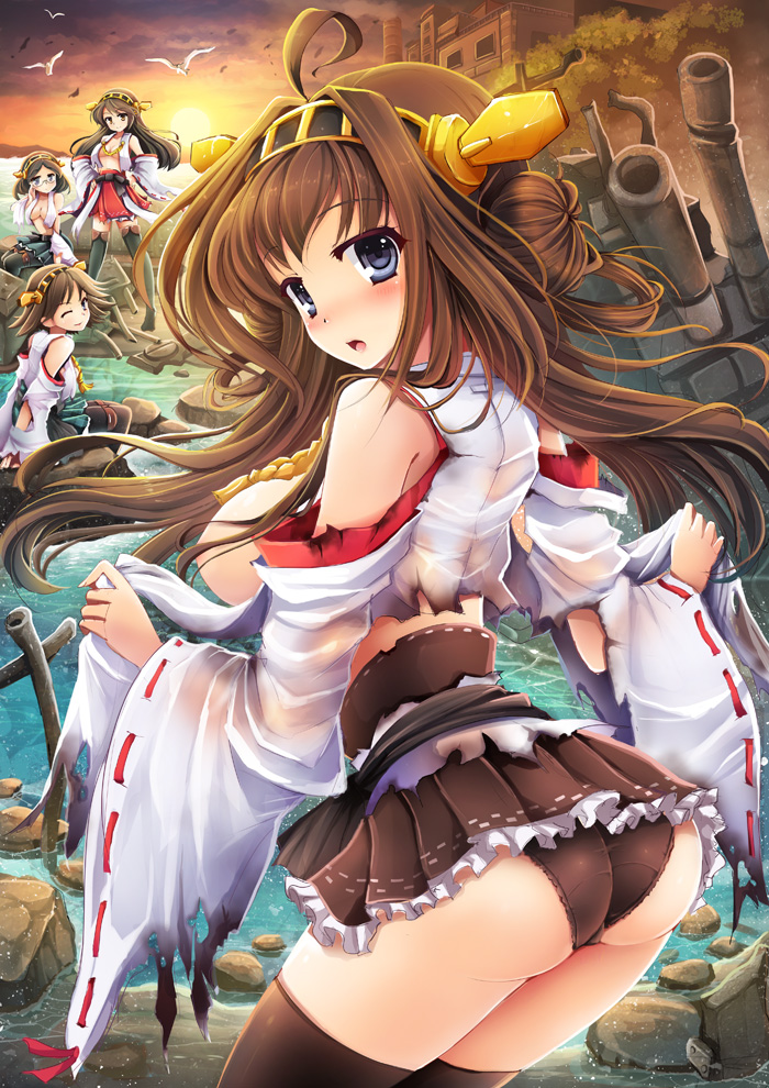 ass bird blue_eyes blush boots breasts brown_hair glasses goushou hair_censor hairband haruna_(kantai_collection) hiei_(kantai_collection) japanese_clothes kantai_collection kirishima_(kantai_collection) kongou_(kantai_collection) large_breasts long_hair looking_at_viewer looking_back miniskirt multiple_girls nipples no_bra nontraditional_miko one_eye_closed open_mouth panties short_hair skirt thigh_boots thighhighs torn_clothes underwear zettai_ryouiki