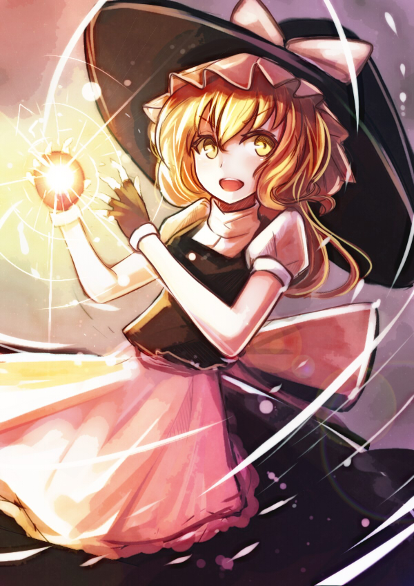 apron black_dress black_gloves blonde_hair bow dress fingerless_gloves gloves hat hat_bow kirisame_marisa looking_at_viewer mini-hakkero nakaichi_(ridil) open_mouth puffy_short_sleeves puffy_sleeves short_sleeves smile solo touhou waist_apron witch_hat yellow_eyes