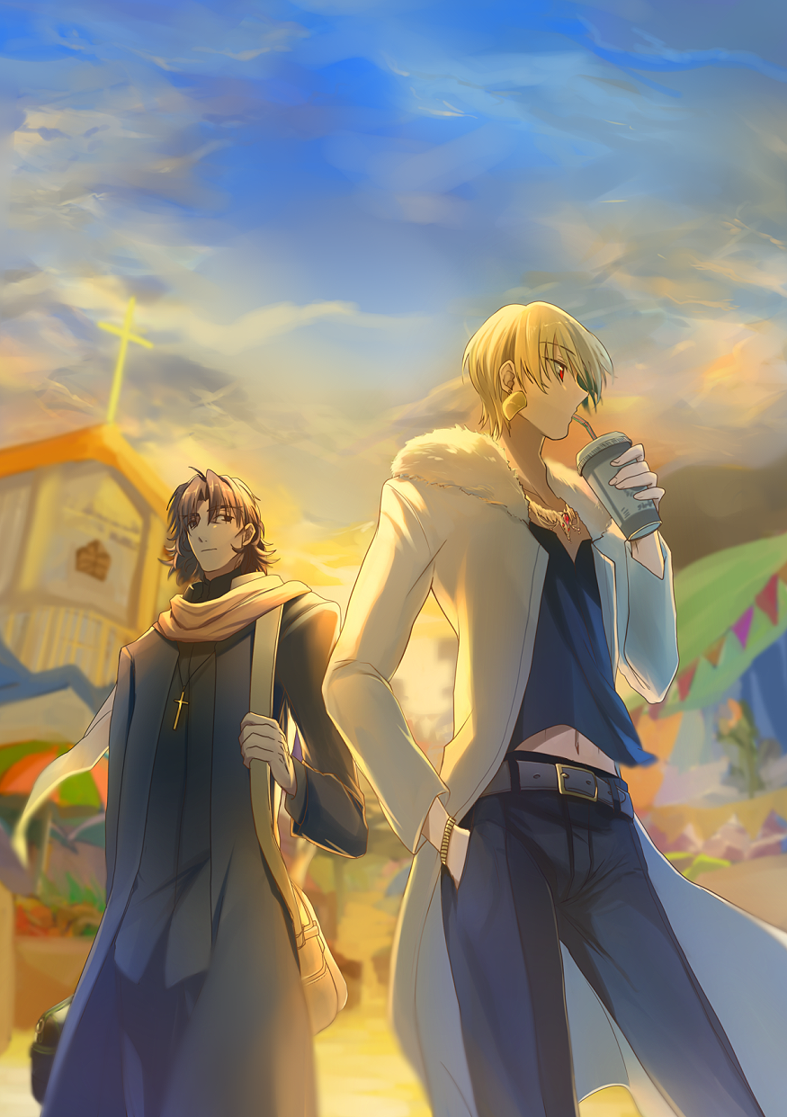 blonde_hair brown_hair church cross drink fate/stay_night fate_(series) fur_collar gilgamesh highres kabio kotomine_kirei multiple_boys red_eyes scarf