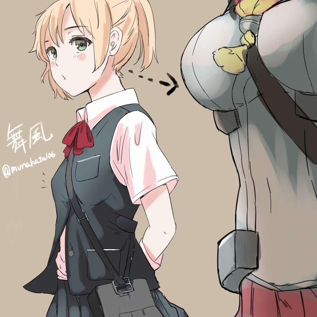 blonde_hair breast_envy breasts brown_background directional_arrow flat_chest green_eyes kantai_collection large_breasts maikaze_(kantai_collection) multiple_girls munakata_(hisahige) ponytail short_hair simple_background yamato_(kantai_collection)