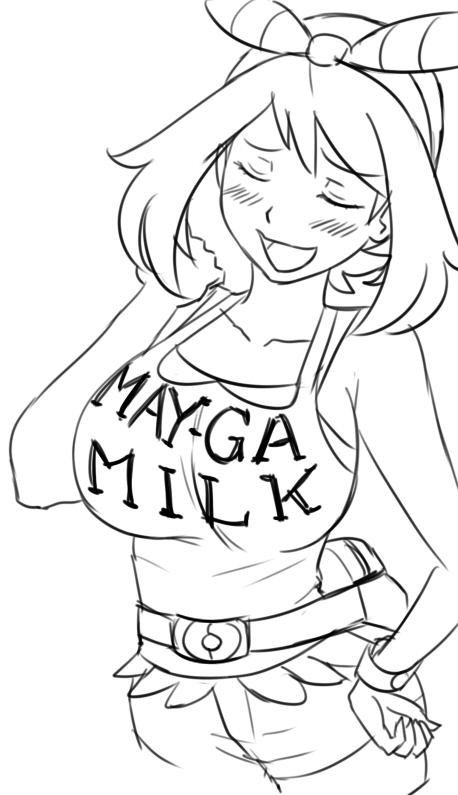 bandana blush breasts closed_eyes clothes_writing greyscale hand_on_hip haruka_(pokemon) large_breasts matsu-sensei mega_milk meme_attire monochrome parody pokemon pun short_hair shorts solo watch wristwatch