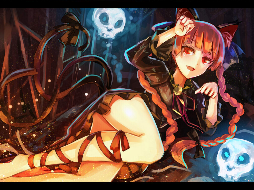 animal_ears barefoot black_dress bow braid cat_ears cat_tail dress fang floating_skull hair_bow kaenbyou_rin leg_ribbon letterboxed long_hair long_sleeves lying nakaichi_(ridil) on_side open_mouth paw_pose red_eyes red_hair ribbon smile solo tail tail_bow touhou twin_braids upskirt very_long_hair