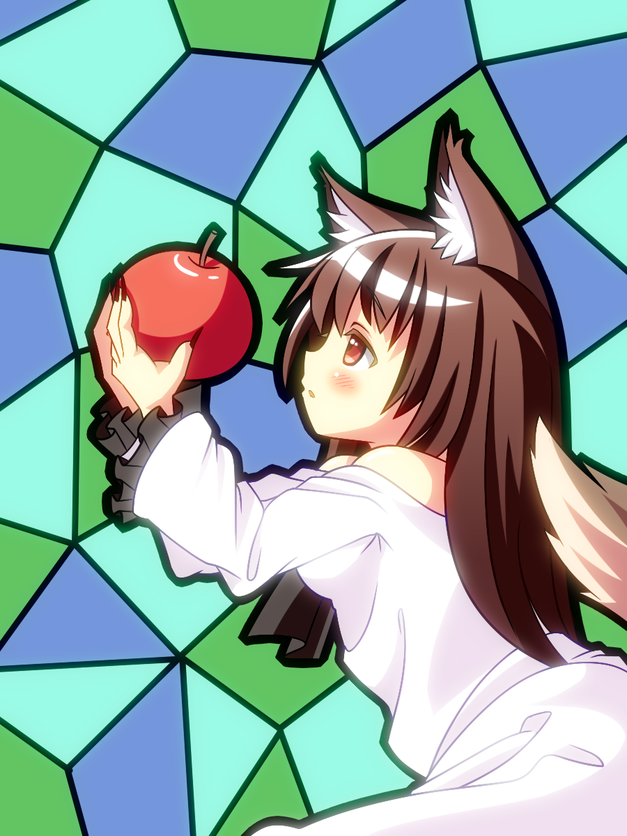 animal_ears apple bad_id bad_pixiv_id bare_shoulders blush breasts brown_hair fingernails food fruit highres holding holding_food holding_fruit imaizumi_kagerou long_hair looking_at_another medium_breasts oimo_(imoyoukan) open_mouth red_eyes solo tail touhou wolf_ears wolf_tail