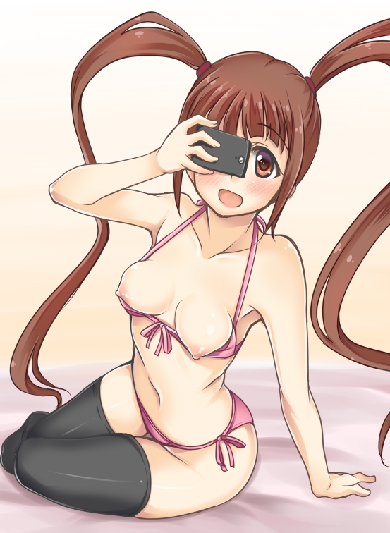 blush bra breasts brown_eyes brown_hair cellphone cellphone_camera gokubuto_mayuge idolmaster idolmaster_million_live! looking_at_viewer matsuda_arisa navel nipples open_mouth panties phone side-tie_panties small_breasts smile solo twintails underwear underwear_only