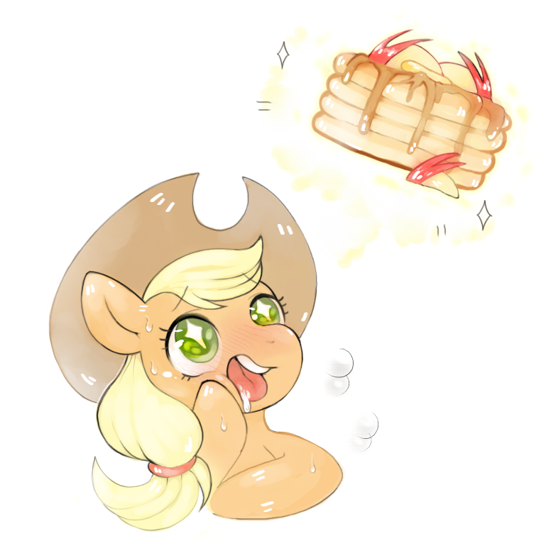 apple applejack_(mlp) blonde_hair blue_eyes cowboy_hat equine female food friendship_is_magic fruit fur green_eyes hair hat horse mammal my_little_pony open_mouth orange_fur pancake picorna pony solo syrup tongue tongue_out