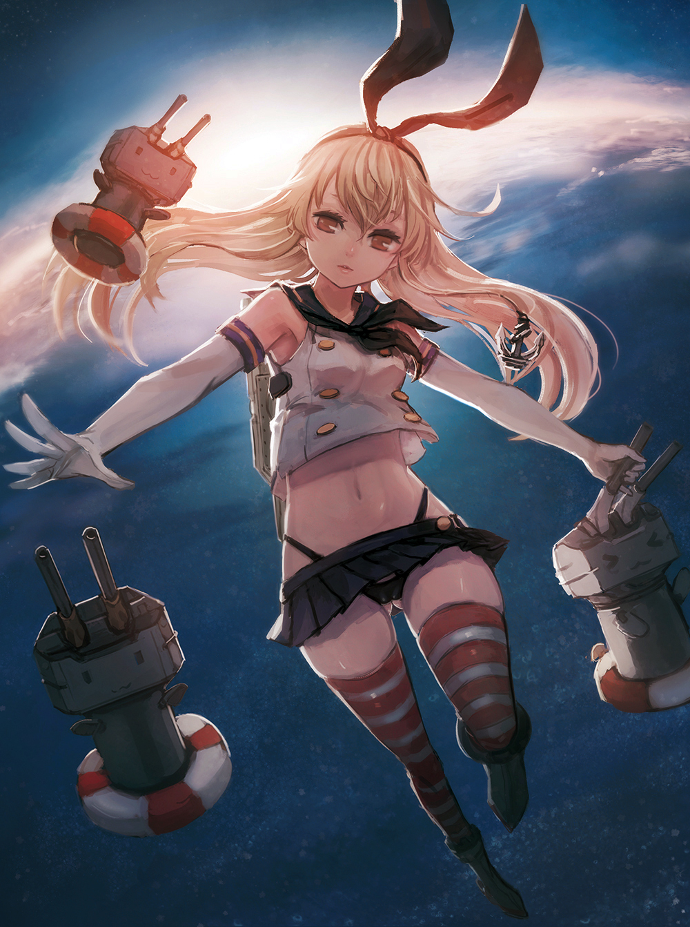 &gt;_&lt; :3 anchor_hair_ornament black_panties blonde_hair boots bow brown_eyes bryanth cameltoe closed_eyes crop_top crop_top_overhang elbow_gloves full_body gloves hair_bow hair_ornament hairband highleg highleg_panties highres kantai_collection lifebuoy lips long_hair looking_at_viewer microskirt midriff navel panties parted_lips pleated_skirt rensouhou-chan sailor_collar shimakaze_(kantai_collection) skindentation skirt solo striped striped_legwear thighhighs underwear white_gloves