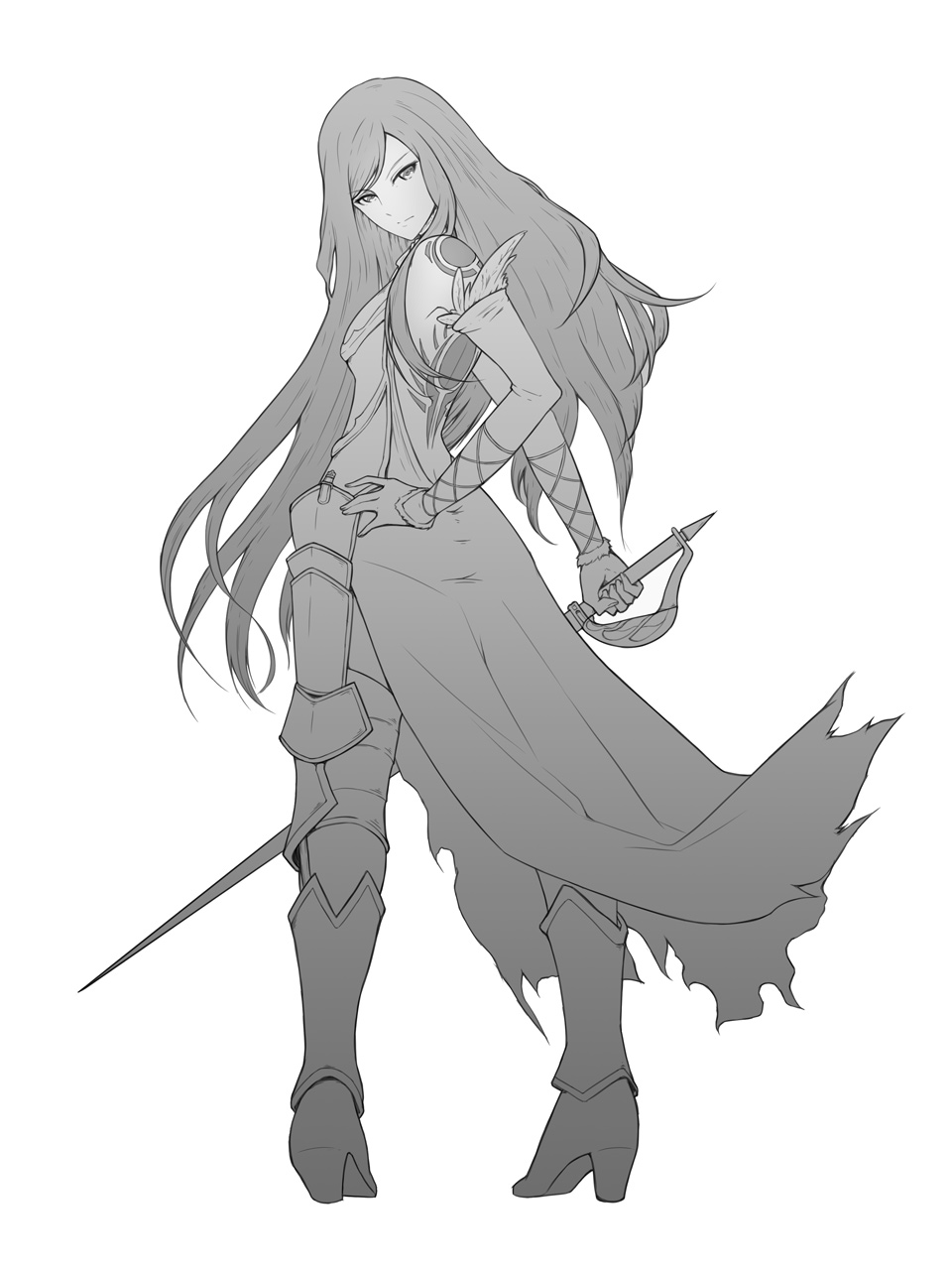 bare_shoulders breastplate breasts castlevania castlevania:_order_of_ecclesia elbow_gloves faulds from_behind gloves greaves greyscale hand_on_hip highres kuso_otoko long_hair looking_back monochrome rapier shanoa small_breasts solo sword tattoo very_long_hair weapon