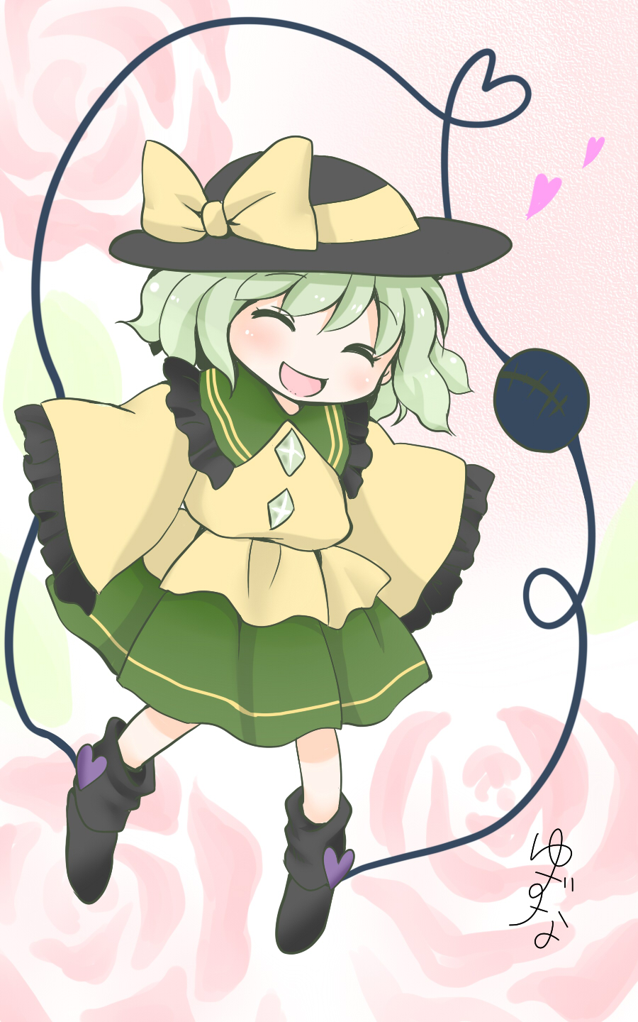 ^_^ bow chibi closed_eyes full_body gradient gradient_background green_hair hat hat_bow hat_ribbon highres komeiji_koishi open_mouth outstretched_arms ribbon shoes short_hair signature simple_background sketch smile solo spread_arms third_eye touhou yuzuna99