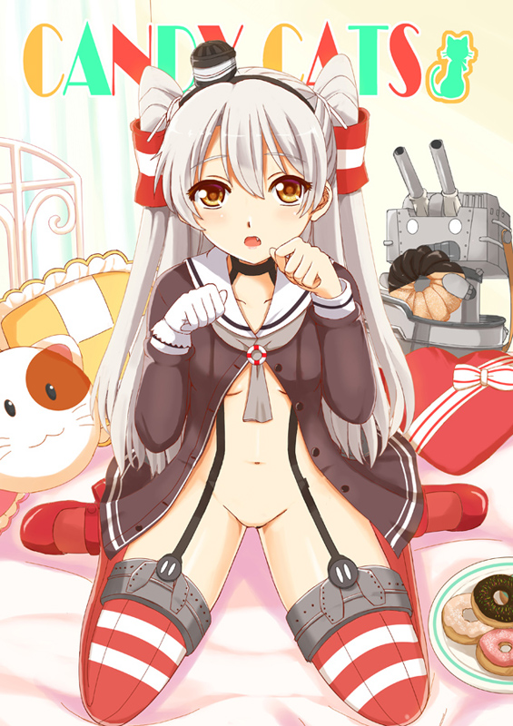 amatsukaze_(kantai_collection) blush breasts brown_eyes dress fang garter_straps gloves kantai_collection kneeling long_hair looking_at_viewer navel no_panties ookawa_wataru open_clothes open_dress open_mouth paw_pose rensouhou-kun sailor_dress short_dress silver_hair small_breasts solo striped striped_legwear thighhighs two_side_up unbuttoned