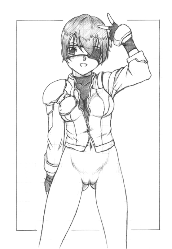 ass_visible_through_thighs border border_break bottomless character_request eyepatch fingerless_gloves gloves graphite_(medium) greyscale harumachi_nagaaki monochrome navel open_mouth pussy simple_background smile solo standing traditional_media v white_background
