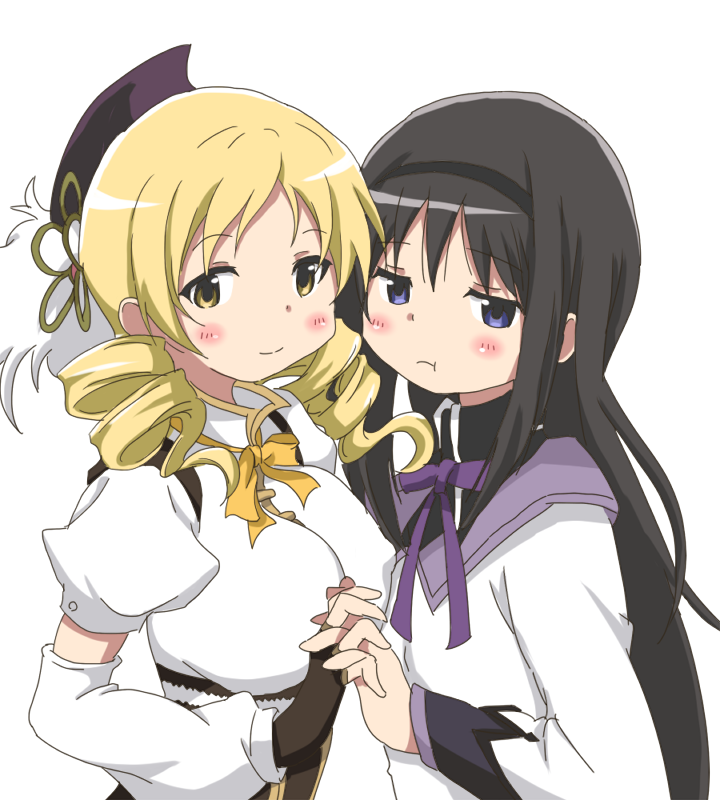 :t akemi_homura asymmetrical_docking bad_id bad_pixiv_id beret black_hair blonde_hair breast_envy breast_press breasts corset detached_sleeves drill_hair fingerless_gloves gloves hair_ornament hairband hairpin hat holding_hands hoshino. interlocked_fingers long_hair magical_girl mahou_shoujo_madoka_magica multiple_girls pout puffy_sleeves purple_eyes ribbon simple_background smile tomoe_mami twin_drills twintails white_background yellow_eyes